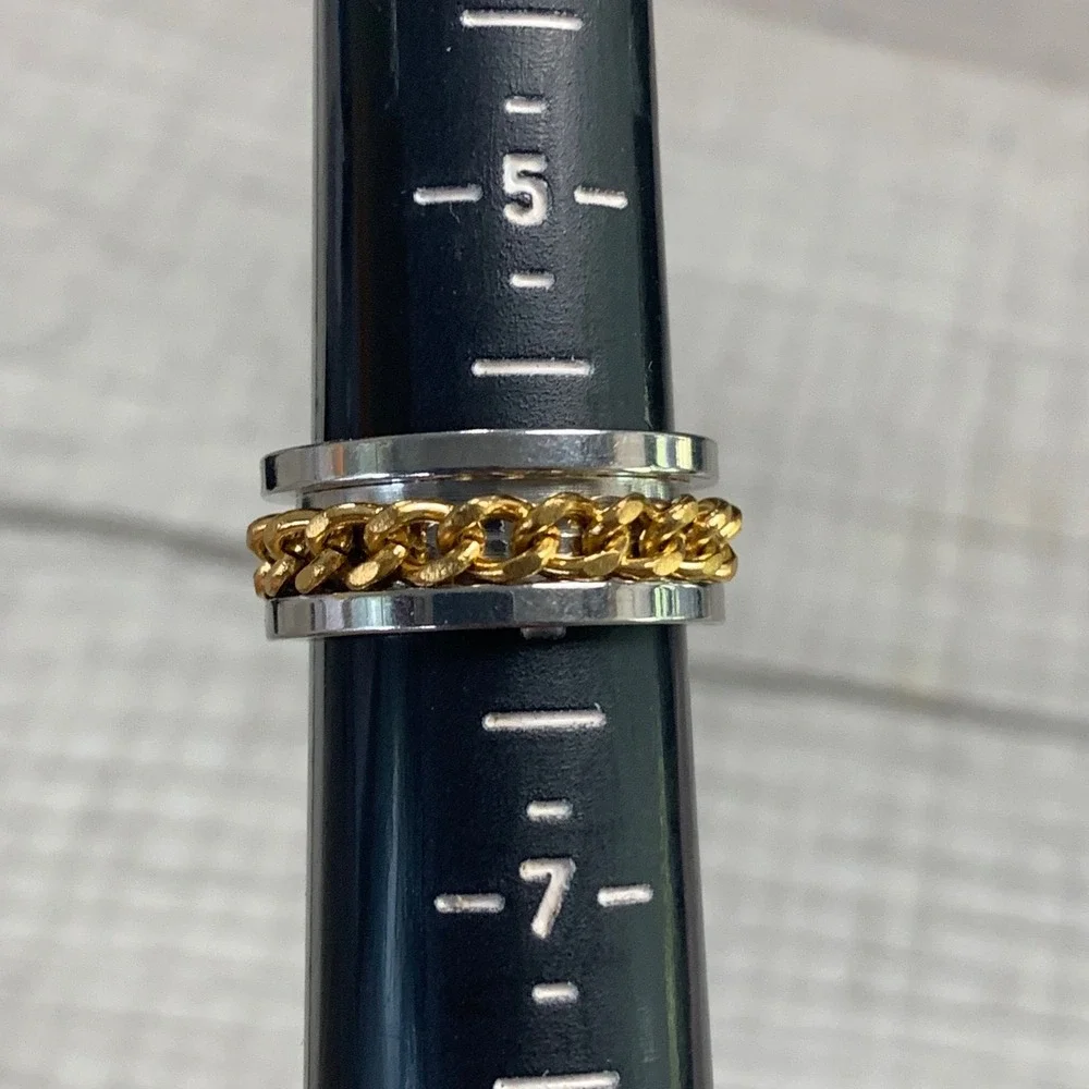 Two Tone Spinner Ring Gold Curb Chain Inlay Silver Band Fidget Ring Size 6